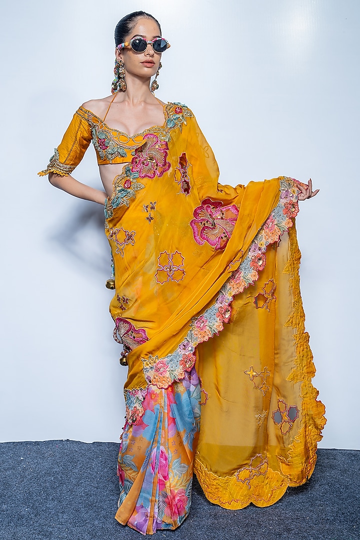 Marigold Yellow Organza & Chanderi Draped Reception Saree Set by Rishi & Vibhuti at Pernia's Pop Up Shop