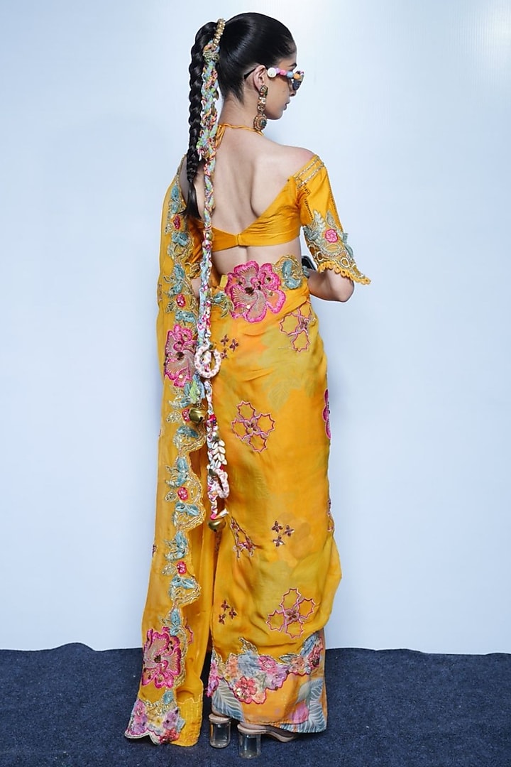 Marigold Yellow Organza & Chanderi Draped Wedding Saree Set by Rishi & Vibhuti at Pernia's Pop Up Shop