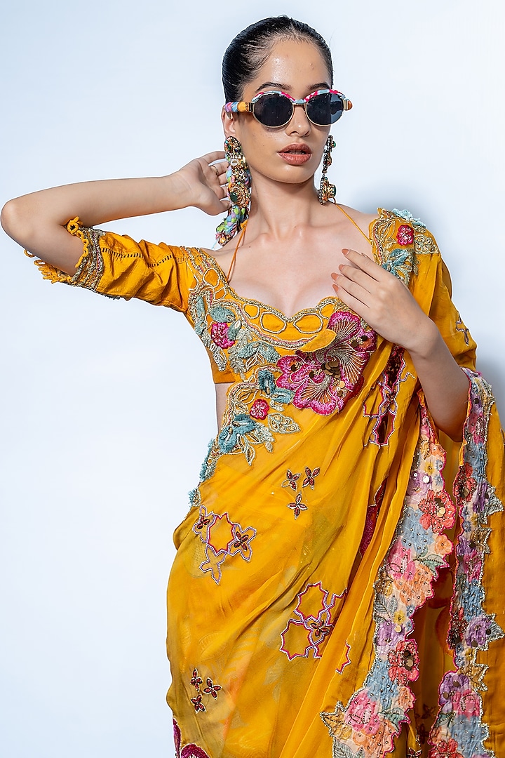 Marigold Yellow Organza & Chanderi Draped Wedding Saree Set by Rishi & Vibhuti at Pernia's Pop Up Shop