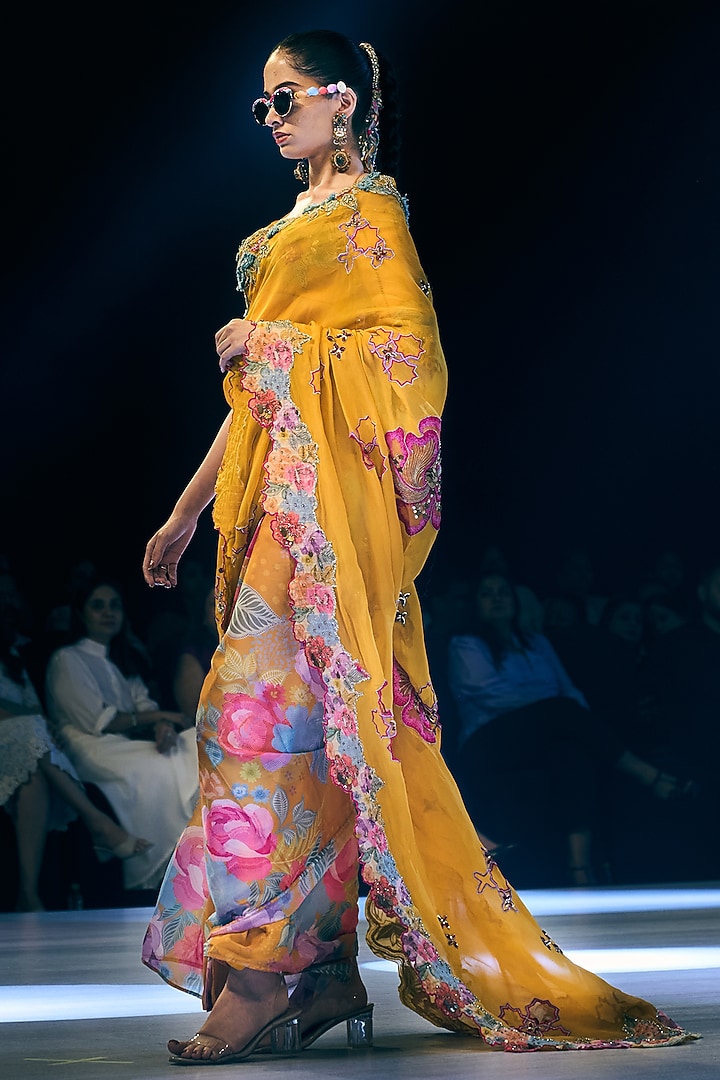 Marigold Yellow Organza & Chanderi Draped Wedding Saree Set by Rishi & Vibhuti at Pernia's Pop Up Shop