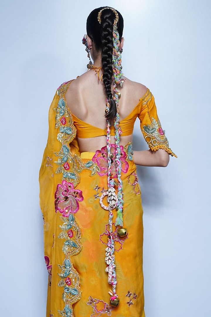 Marigold Yellow Organza & Chanderi Draped Wedding Saree Set by Rishi & Vibhuti at Pernia's Pop Up Shop