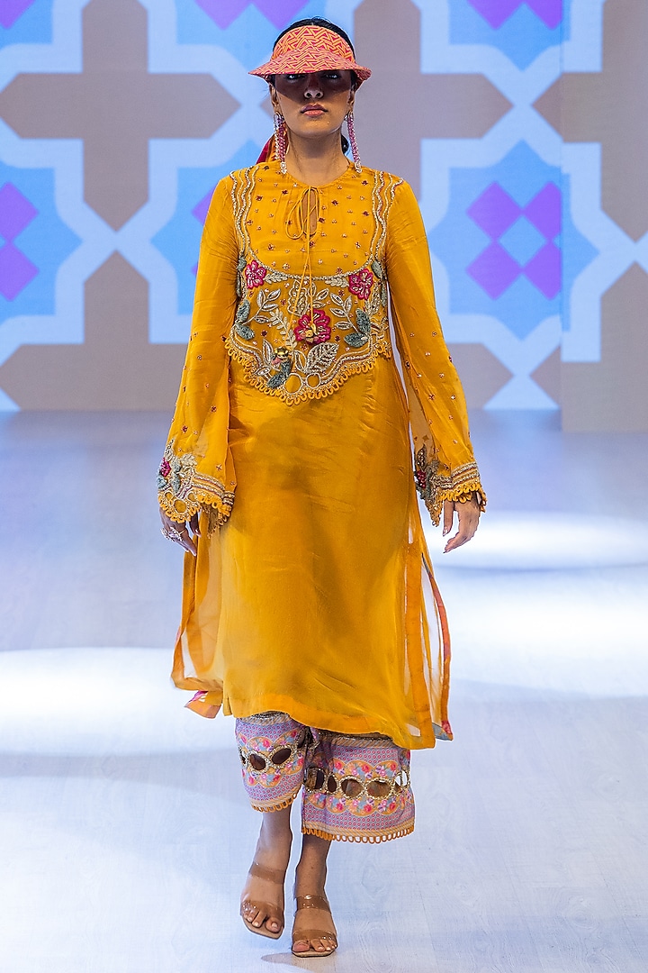 Marigold Yellow Organza & Chanderi Embroidered Kurta Set by Rishi & Vibhuti at Pernia's Pop Up Shop