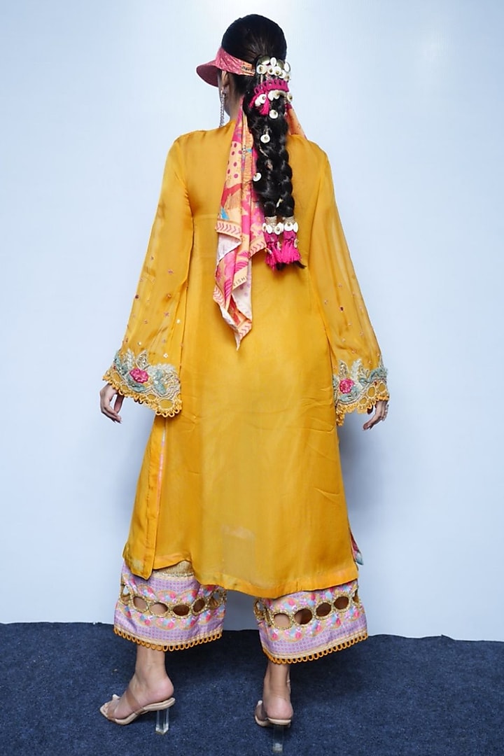Marigold Yellow Organza & Chanderi Embroidered Kurta Set by Rishi & Vibhuti at Pernia's Pop Up Shop