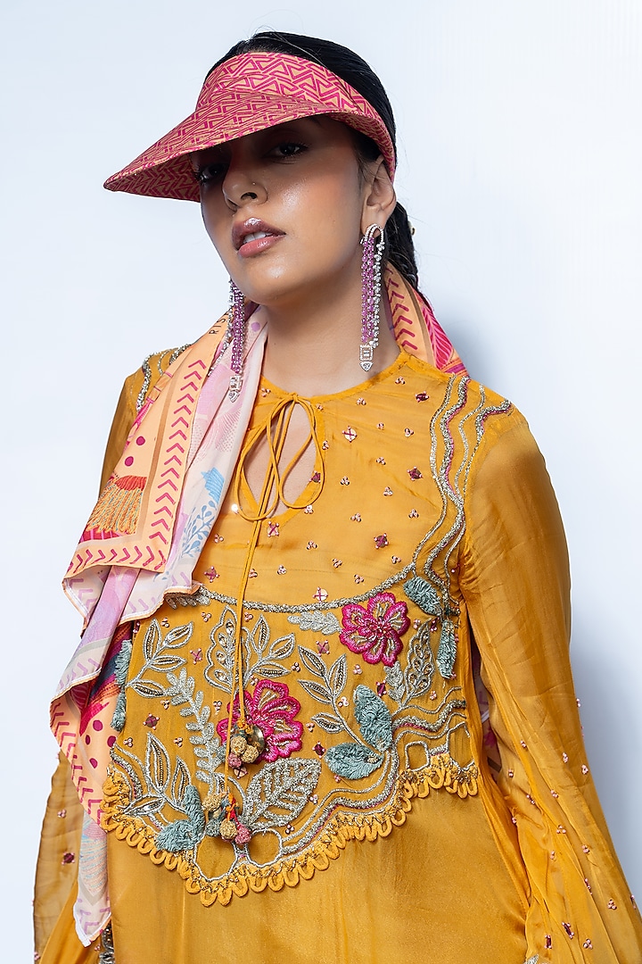 Marigold Yellow Organza & Chanderi Embroidered Kurta Set by Rishi & Vibhuti at Pernia's Pop Up Shop