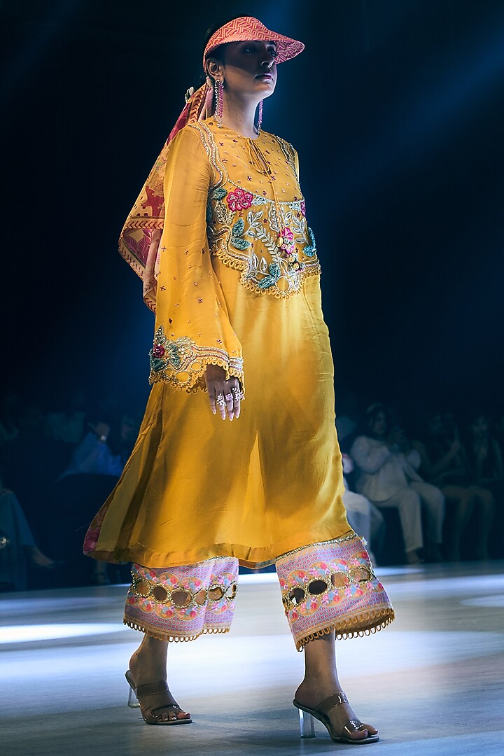 Marigold Yellow Organza & Chanderi Embroidered Kurta Set by Rishi & Vibhuti at Pernia's Pop Up Shop