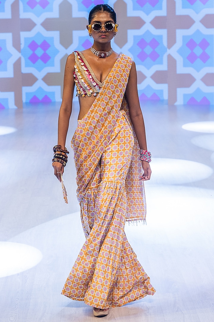 Sunset Saffron Colored Crepe Printed Pant Wedding Saree Set by Rishi & Vibhuti at Pernia's Pop Up Shop