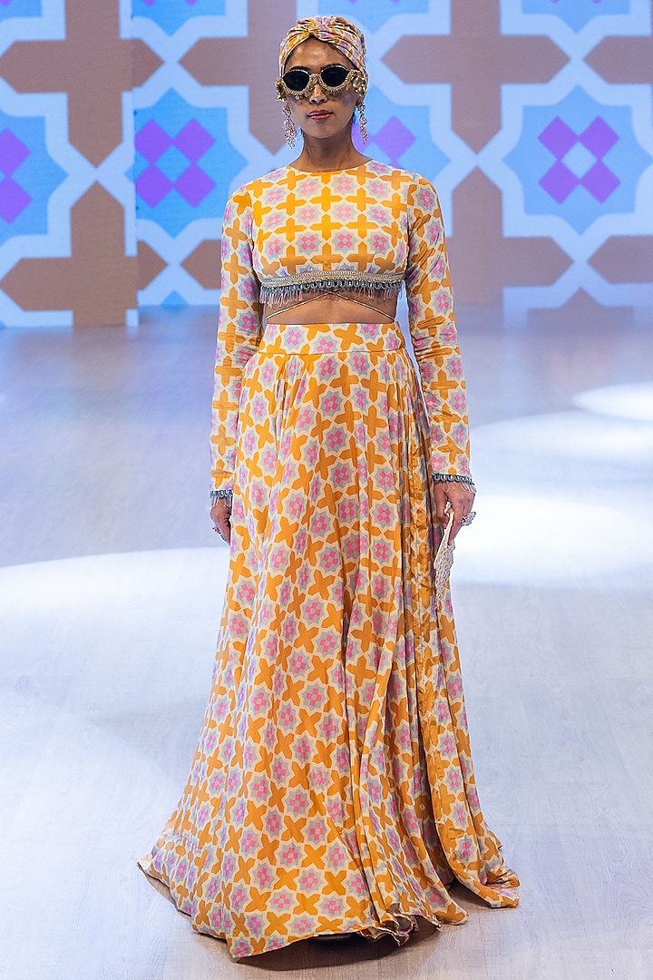 Sunset Saffron Colored Crepe Skirt Set by Rishi & Vibhuti at Pernia's Pop Up Shop