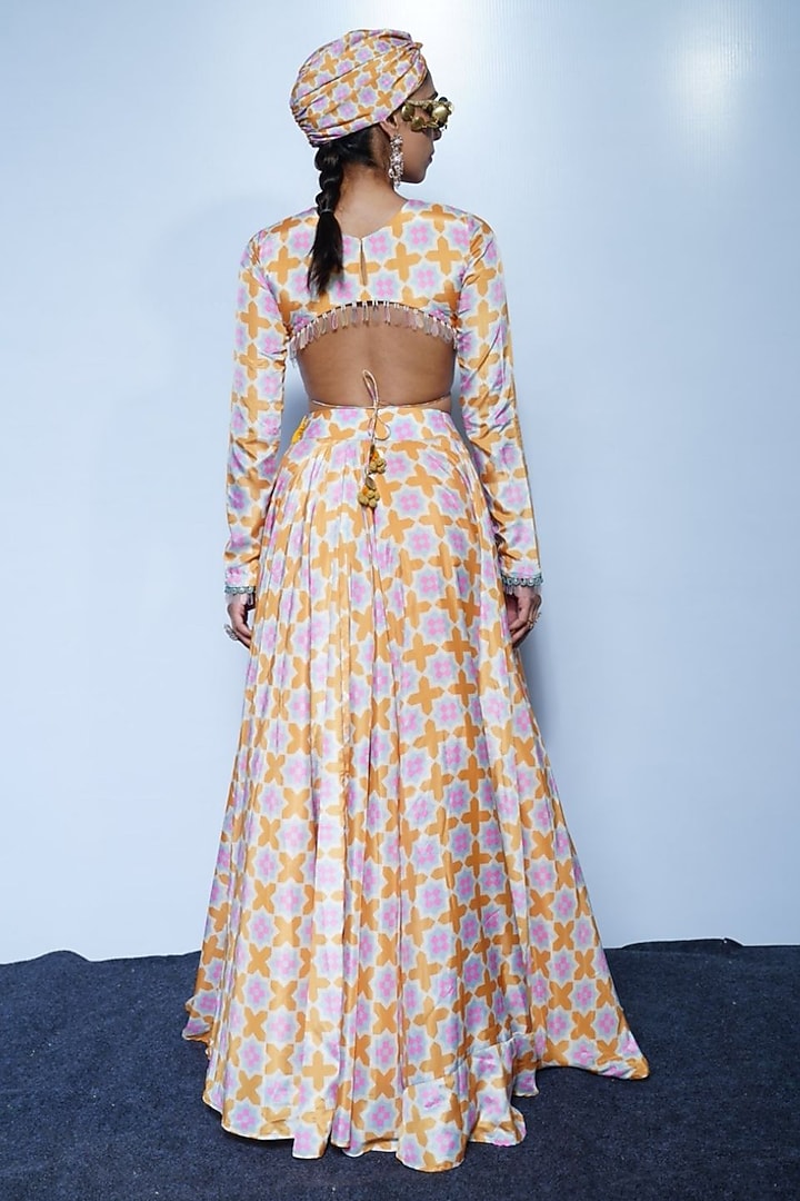 Sunset Saffron Colored Crepe Skirt Set by Rishi & Vibhuti at Pernia's Pop Up Shop