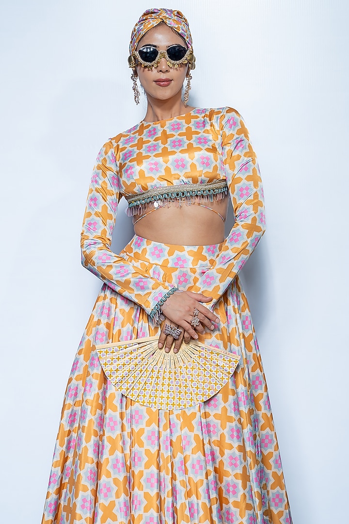 Sunset Saffron Colored Crepe Skirt Set by Rishi & Vibhuti at Pernia's Pop Up Shop