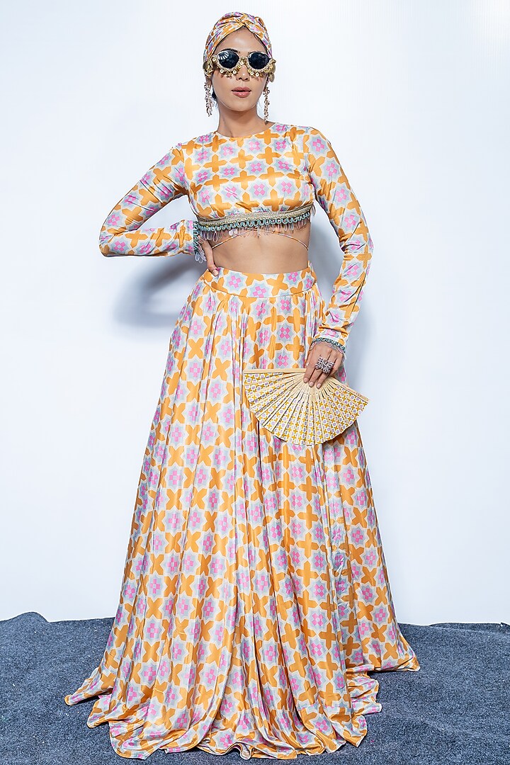 Sunset Saffron Colored Crepe Skirt Set by Rishi & Vibhuti at Pernia's Pop Up Shop