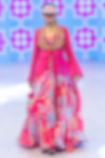 Fuchsia Pink Organza Embellished Jacket Set by Rishi & Vibhuti at Pernia's Pop Up Shop