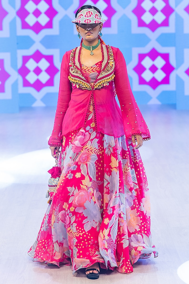 Fuchsia Pink Organza Embellished Jacket Set by Rishi & Vibhuti at Pernia's Pop Up Shop