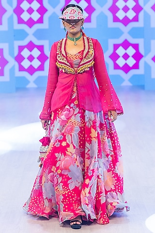 Fuchsia Pink Organza Embellished Jacket Set by Rishi & Vibhuti