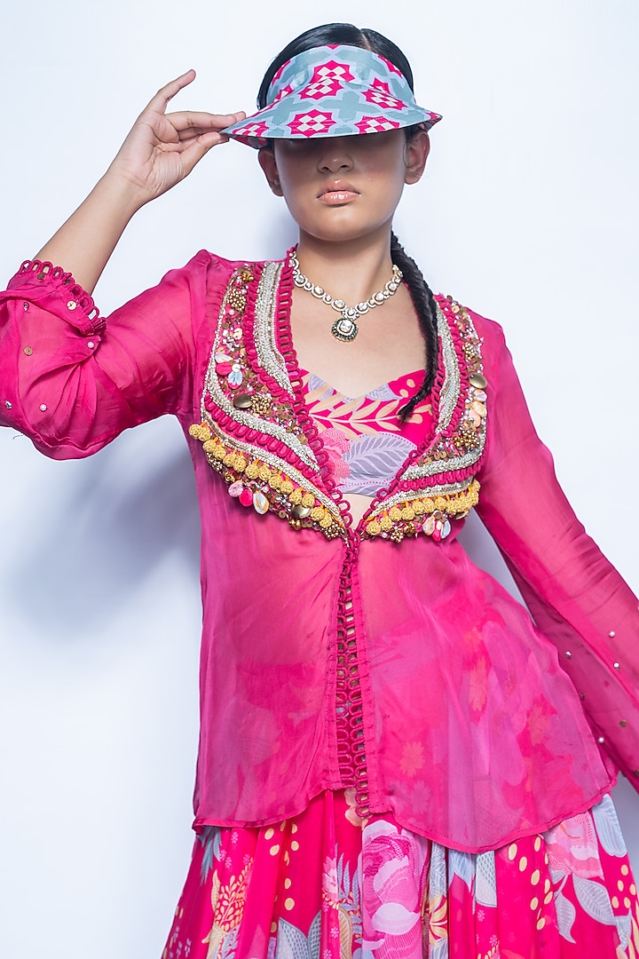 Fuchsia Pink Organza Embellished Jacket Set by Rishi & Vibhuti at Pernia's Pop Up Shop