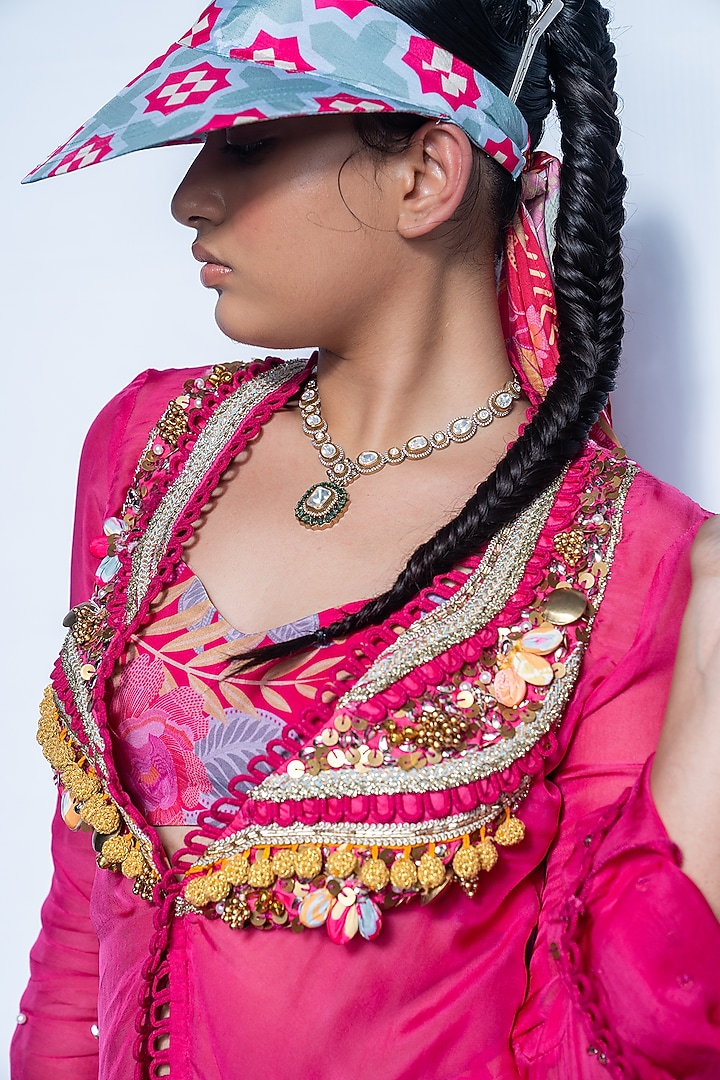 Fuchsia Pink Organza Embellished Jacket Set by Rishi & Vibhuti at Pernia's Pop Up Shop