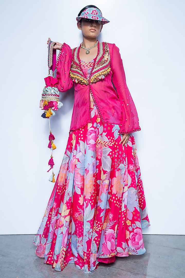 Fuchsia Pink Organza Embellished Jacket Set by Rishi & Vibhuti at Pernia's Pop Up Shop