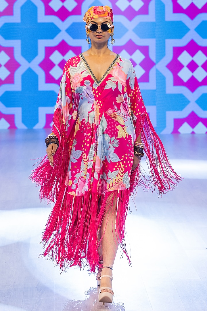 Fuchsia Pink Crepe Fringed Cocktail Dress by Rishi & Vibhuti at Pernia's Pop Up Shop