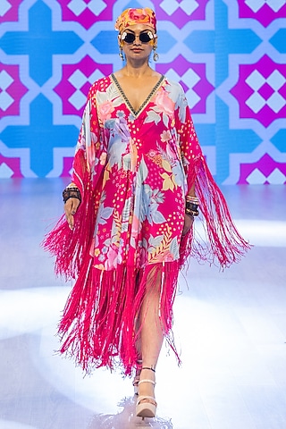 Fuchsia Pink Crepe Fringed Dress by Rishi & Vibhuti