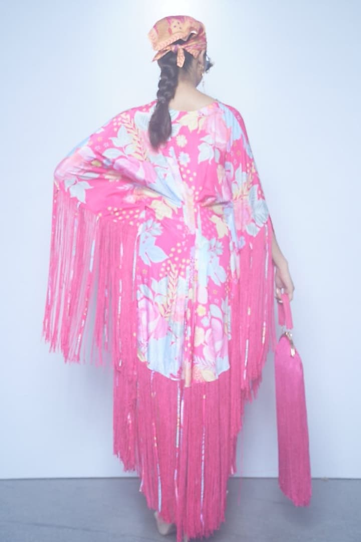 Fuchsia Pink Crepe Fringed Cocktail Dress by Rishi & Vibhuti at Pernia's Pop Up Shop