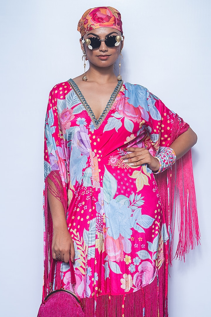 Fuchsia Pink Crepe Fringed Cocktail Dress by Rishi & Vibhuti at Pernia's Pop Up Shop