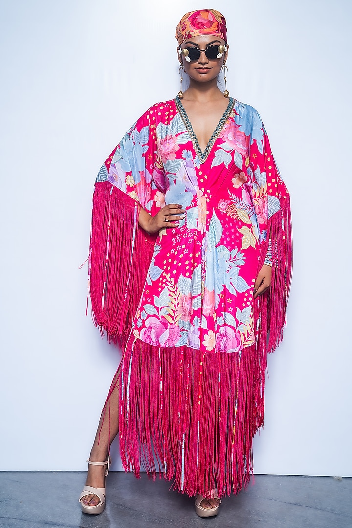 Fuchsia Pink Crepe Fringed Cocktail Dress by Rishi & Vibhuti at Pernia's Pop Up Shop