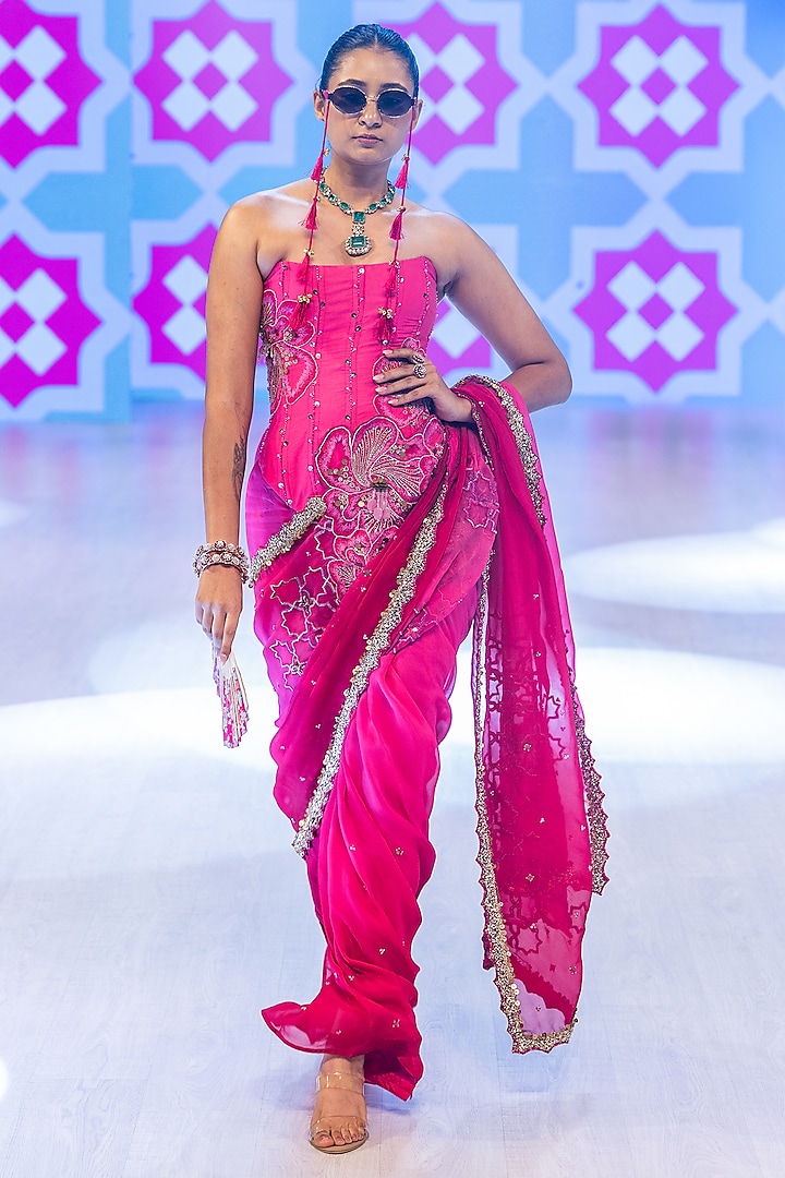 Fuchsia Pink Crepe Sequins Embroidered Draped Reception Saree Set by Rishi & Vibhuti at Pernia's Pop Up Shop