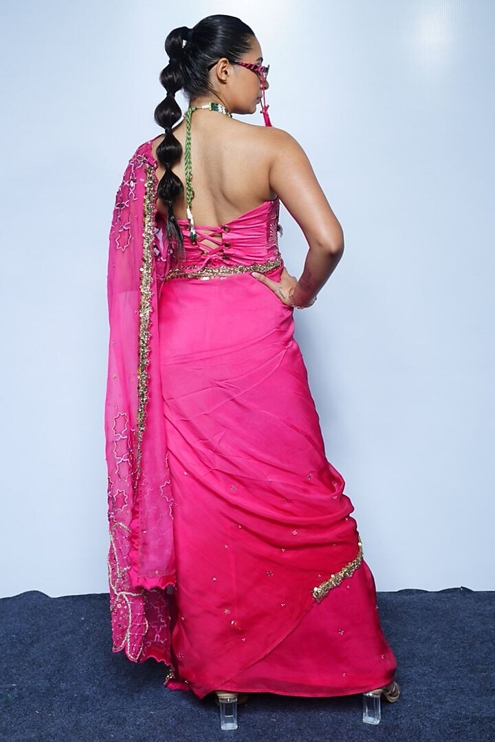 Fuchsia Pink Crepe Sequins Embroidered Draped Wedding Saree Set by Rishi & Vibhuti at Pernia's Pop Up Shop