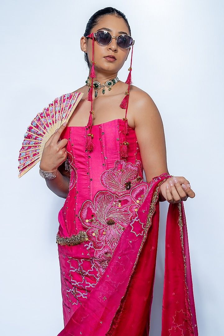 Fuchsia Pink Crepe Sequins Embroidered Draped Wedding Saree Set by Rishi & Vibhuti at Pernia's Pop Up Shop