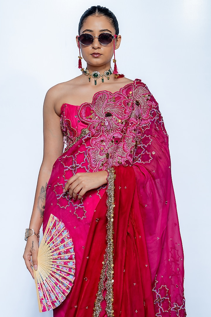 Fuchsia Pink Crepe Sequins Embroidered Draped Wedding Saree Set by Rishi & Vibhuti at Pernia's Pop Up Shop