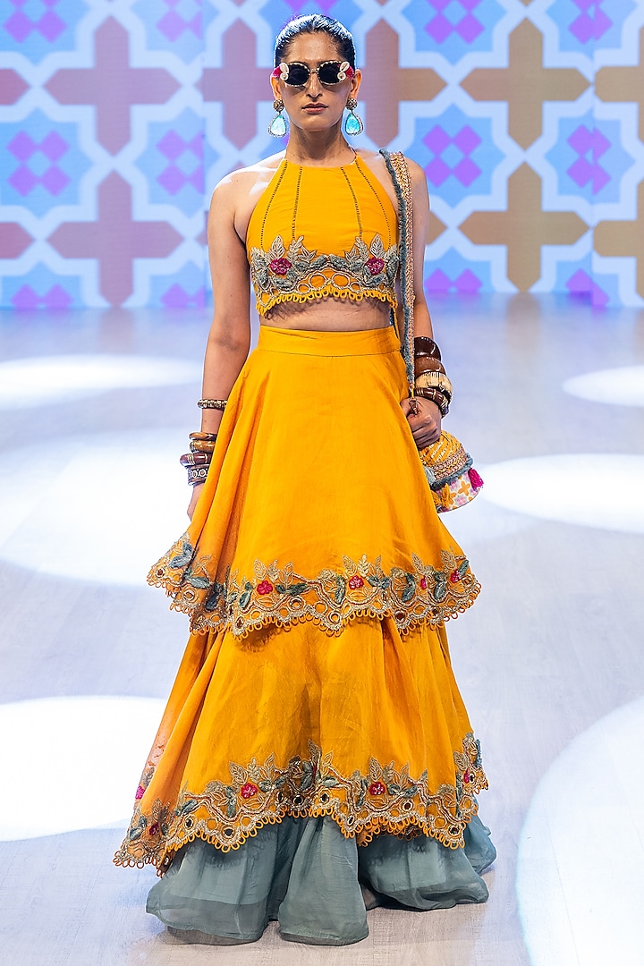 Marigold Yellow Luxe Silk Blend Floral Embroidered Wedding Lehenga Set by Rishi & Vibhuti at Pernia's Pop Up Shop