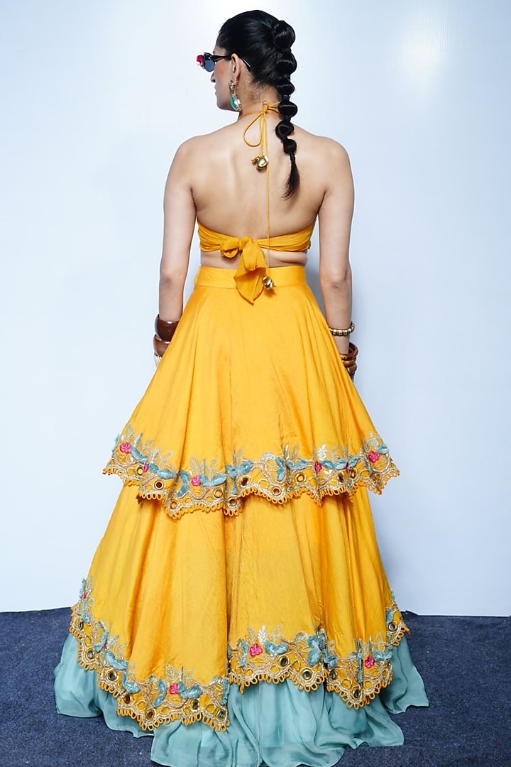 Marigold Yellow Luxe Silk Blend Floral Embroidered Wedding Lehenga Set by Rishi & Vibhuti at Pernia's Pop Up Shop