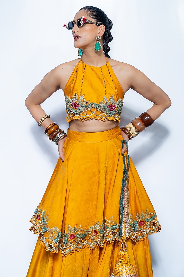 Marigold Yellow Luxe Silk Blend Floral Embroidered Wedding Lehenga Set by Rishi & Vibhuti at Pernia's Pop Up Shop