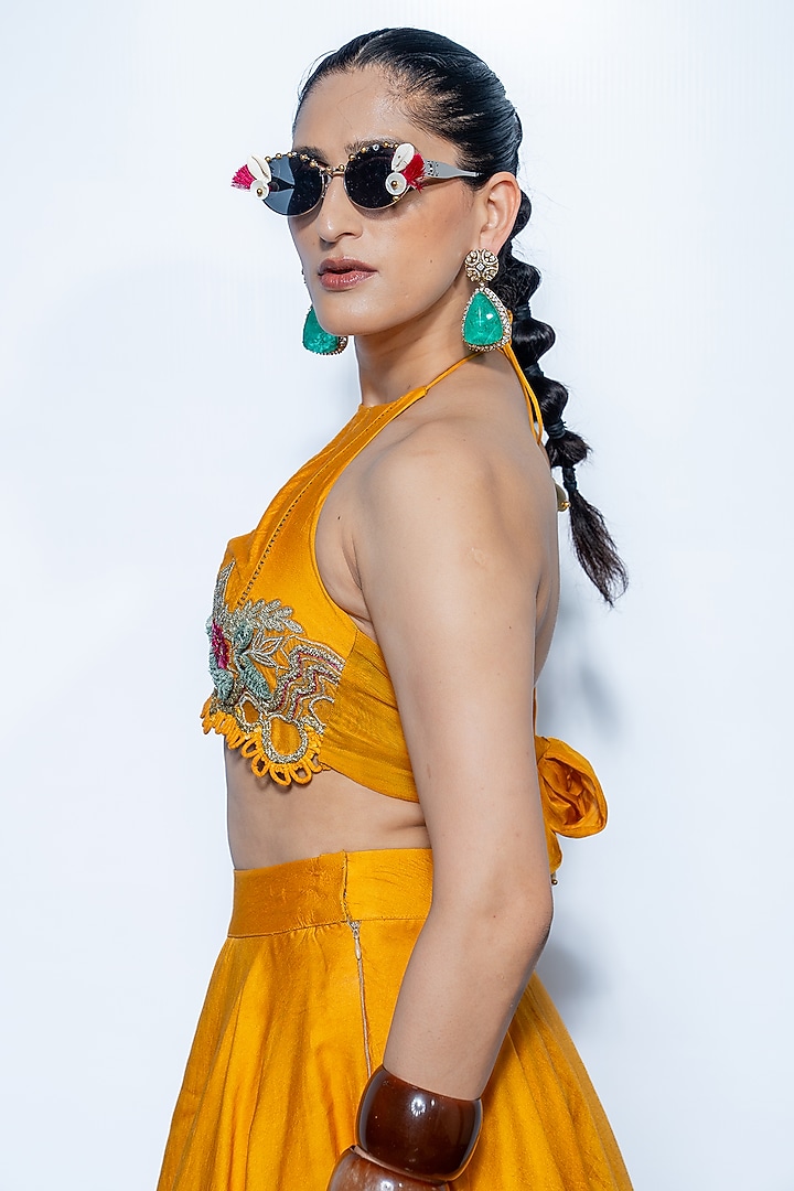 Marigold Yellow Luxe Silk Blend Floral Embroidered Wedding Lehenga Set by Rishi & Vibhuti at Pernia's Pop Up Shop