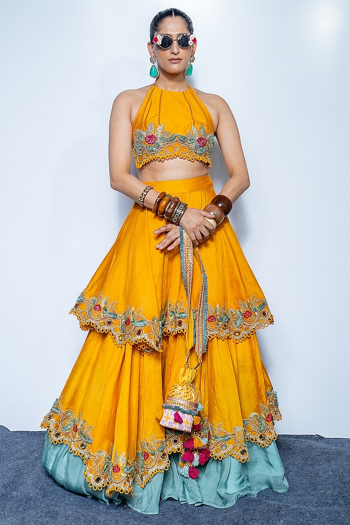 Marigold Yellow Luxe Silk Blend Floral Embroidered Wedding Lehenga Set by Rishi & Vibhuti at Pernia's Pop Up Shop