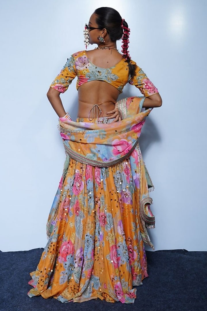 Marigold Yellow Organza Mirror Embellished Wedding Lehenga Set by Rishi & Vibhuti at Pernia's Pop Up Shop