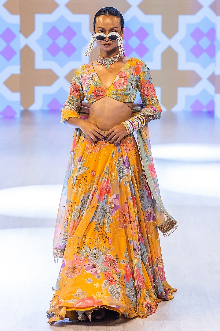 Marigold Yellow Organza Mirror Embellished Wedding Lehenga Set by Rishi & Vibhuti at Pernia's Pop Up Shop