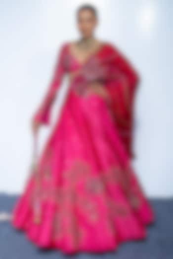 Fuchsia Pink Chanderi & Net Thread Work Wedding Lehenga Set by Rishi & Vibhuti at Pernia's Pop Up Shop