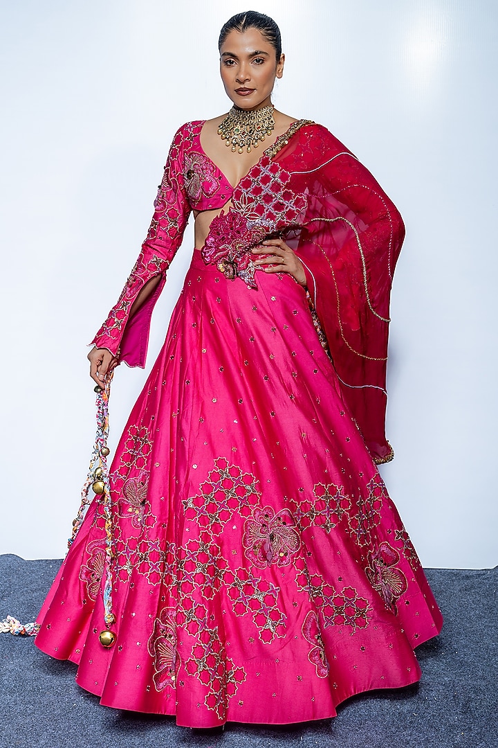 Fuchsia Pink Chanderi & Net Thread Work Wedding Lehenga Set by Rishi & Vibhuti at Pernia's Pop Up Shop