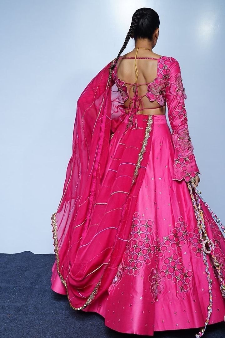 Fuchsia Pink Chanderi & Net Thread Work Wedding Lehenga Set by Rishi & Vibhuti at Pernia's Pop Up Shop