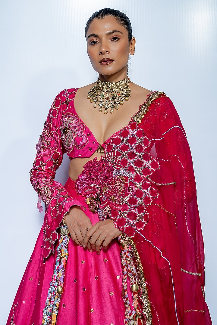 Fuchsia Pink Chanderi & Net Thread Work Wedding Lehenga Set by Rishi & Vibhuti at Pernia's Pop Up Shop