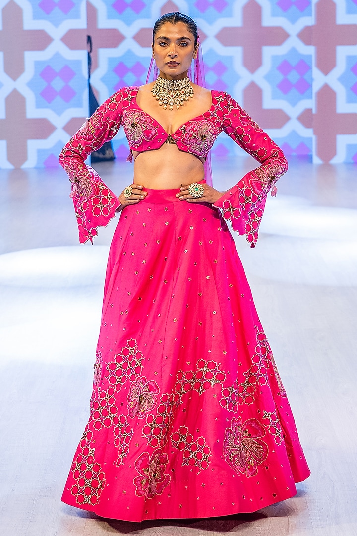 Fuchsia Pink Chanderi & Net Thread Work Wedding Lehenga Set by Rishi & Vibhuti at Pernia's Pop Up Shop
