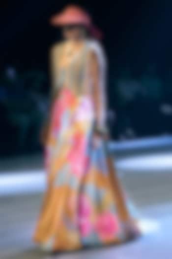 Marigold Yellow Crepe Floral Printed Flared Wedding Lehenga Set by Rishi & Vibhuti at Pernia's Pop Up Shop