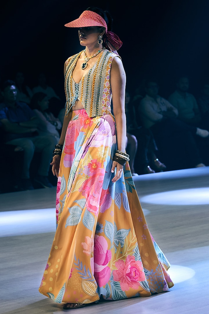 Marigold Yellow Crepe Floral Printed Flared Wedding Lehenga Set by Rishi & Vibhuti at Pernia's Pop Up Shop