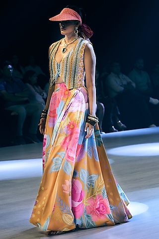 Marigold Yellow Crepe Floral Printed Flared Lehenga Set by Rishi & Vibhuti