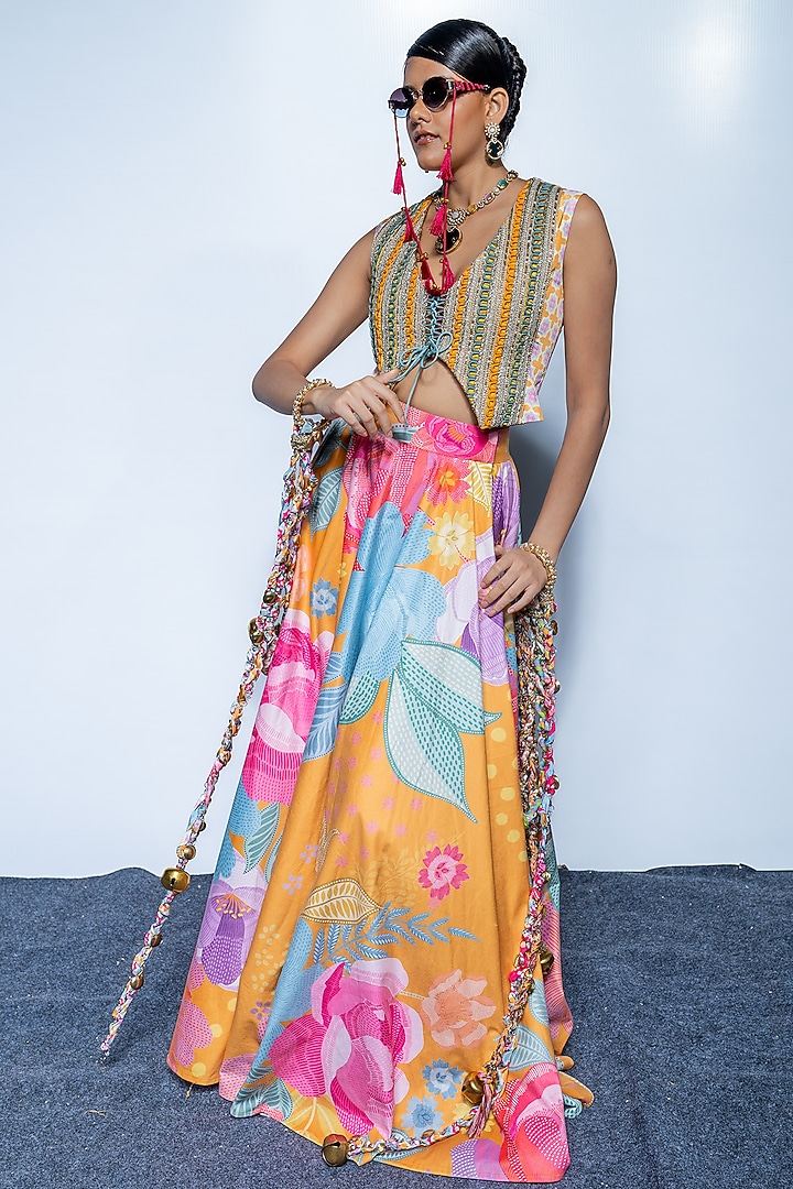 Marigold Yellow Crepe Floral Printed Flared Wedding Lehenga Set by Rishi & Vibhuti at Pernia's Pop Up Shop