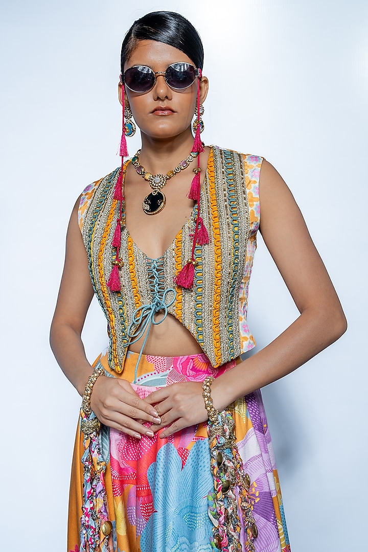 Marigold Yellow Crepe Floral Printed Flared Wedding Lehenga Set by Rishi & Vibhuti at Pernia's Pop Up Shop