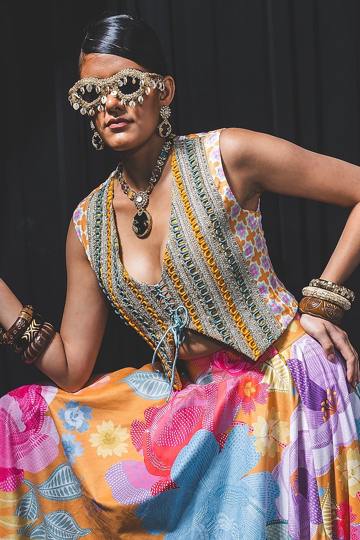 Marigold Yellow Crepe Floral Printed Flared Wedding Lehenga Set by Rishi & Vibhuti at Pernia's Pop Up Shop
