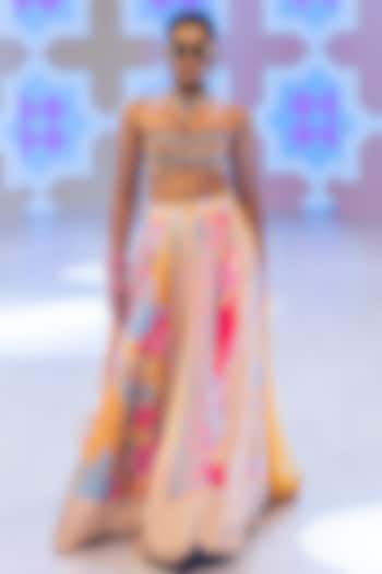 Sunset Marigold Yellow Crepe Floral Printed Flared Wedding Lehenga Set by Rishi & Vibhuti at Pernia's Pop Up Shop