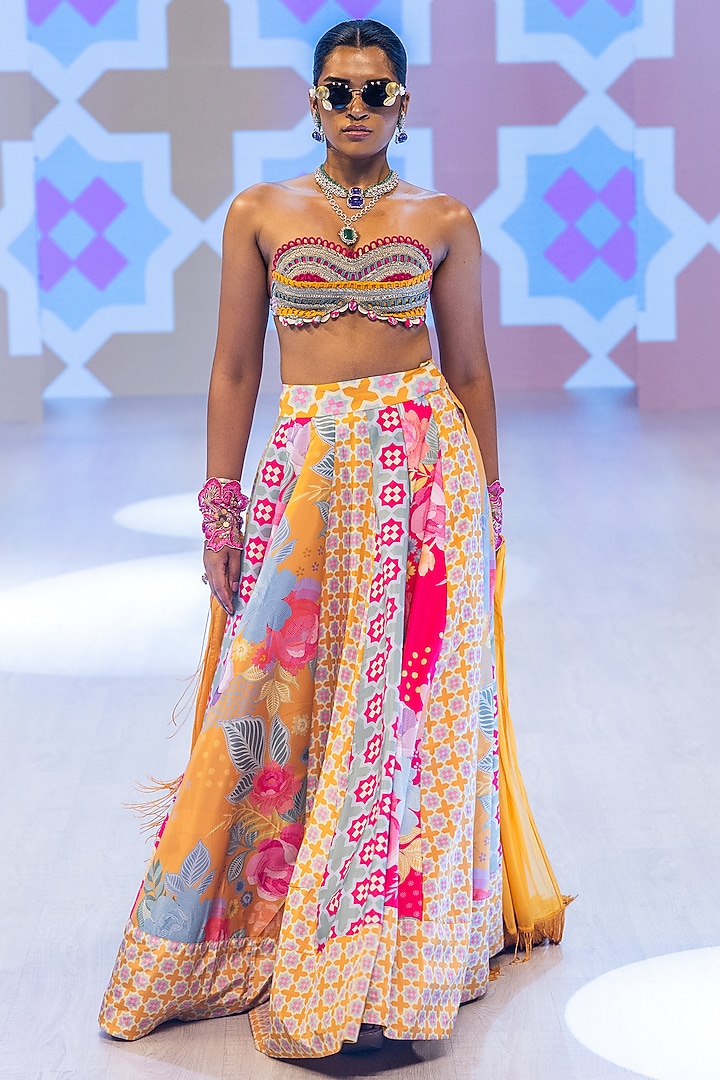 Sunset Marigold Yellow Crepe Floral Printed Flared Wedding Lehenga Set by Rishi & Vibhuti at Pernia's Pop Up Shop