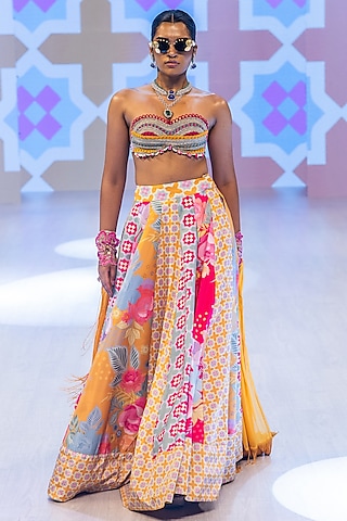 Sunset Marigold Yellow Crepe Floral Printed Flared Lehenga Set by Rishi & Vibhuti